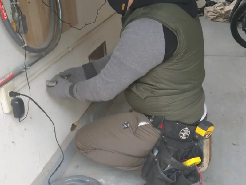 Electrician performing outlet wiring in a Argyle garage